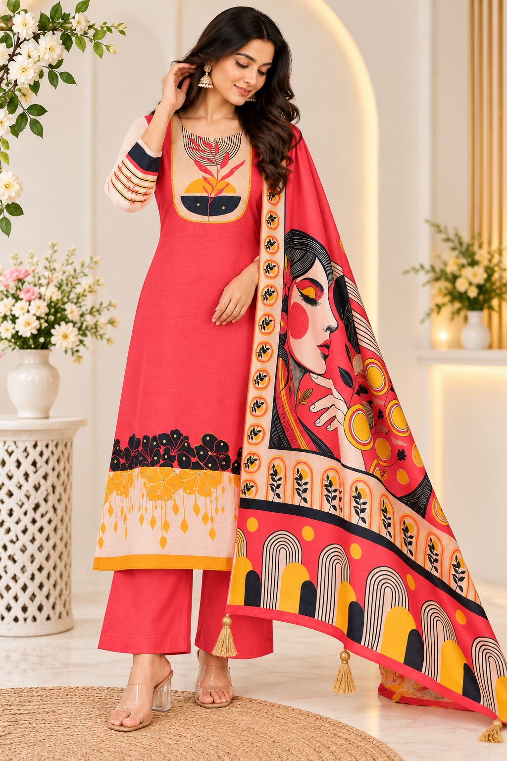 Red Artistic Printed 3-Piece Muslin Suit – DES-EMIRA 21 - Image 2