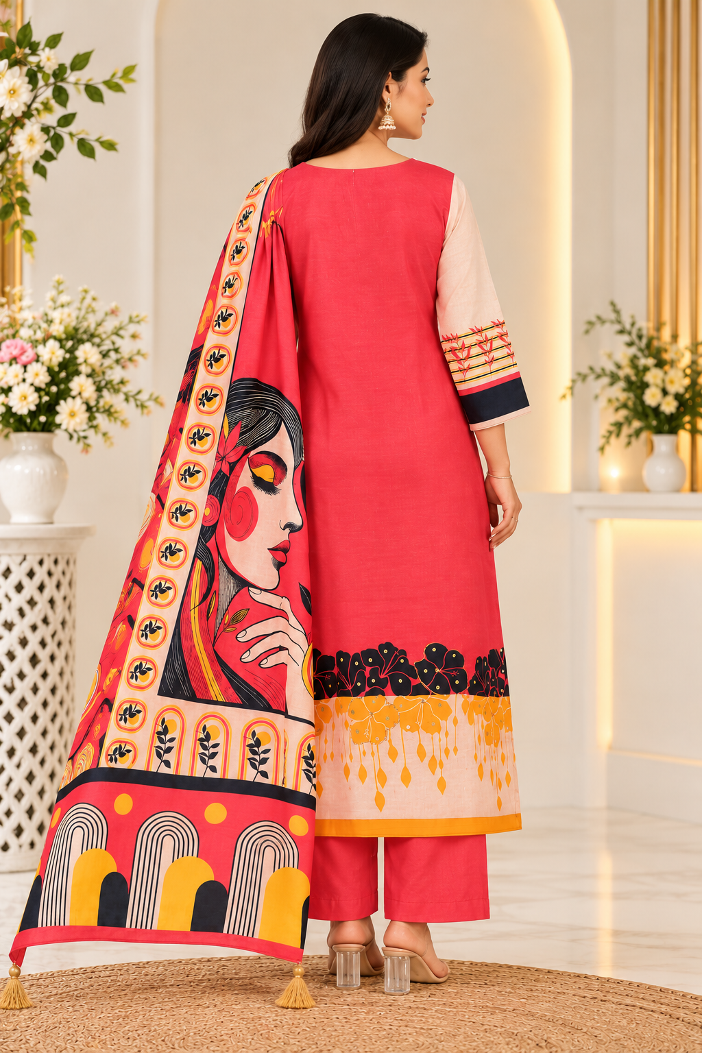 Red Artistic Printed 3-Piece Muslin Suit – DES-EMIRA 21 - Image 3