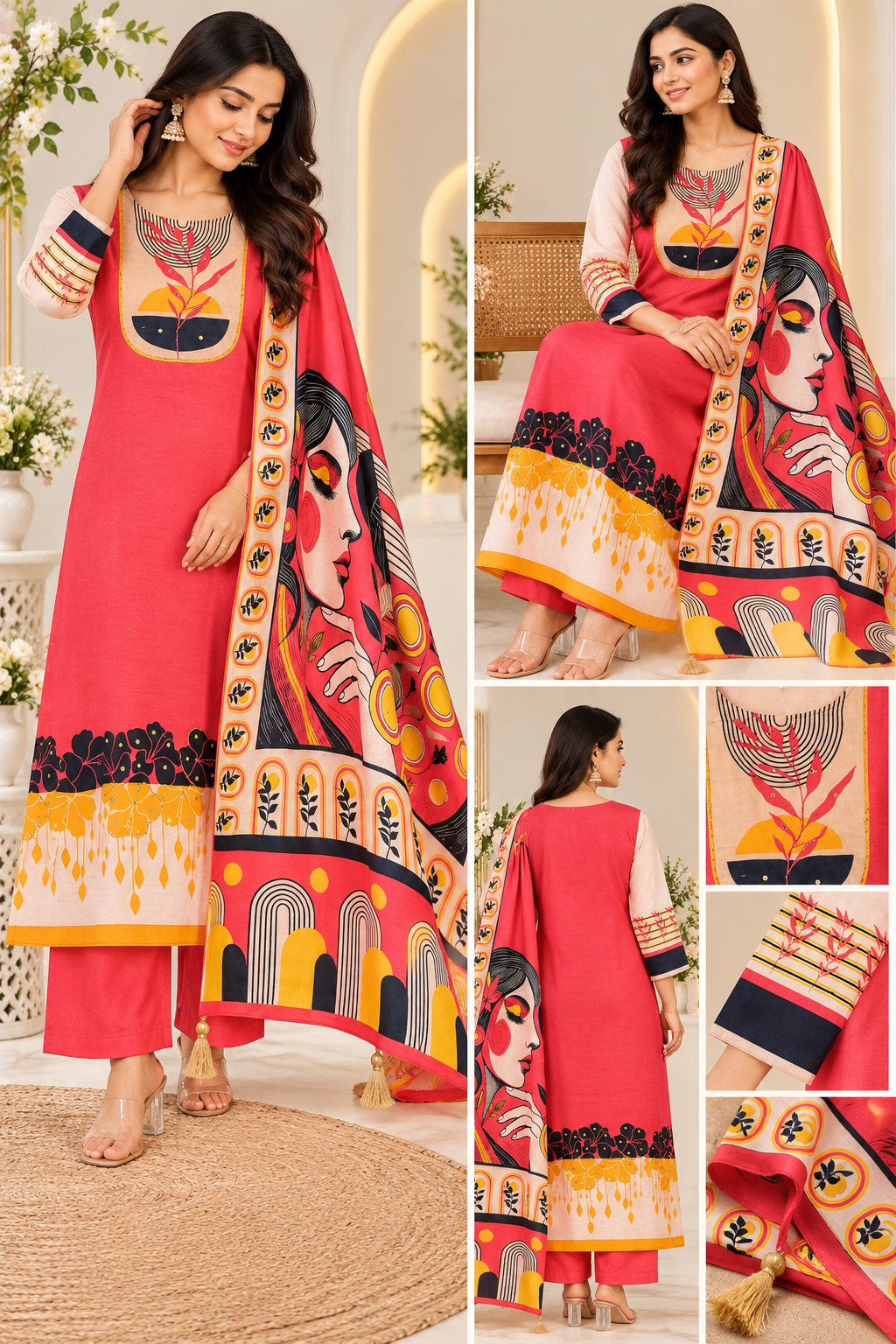 Red Artistic Printed 3-Piece Muslin Suit – DES-EMIRA 21 - Image 4