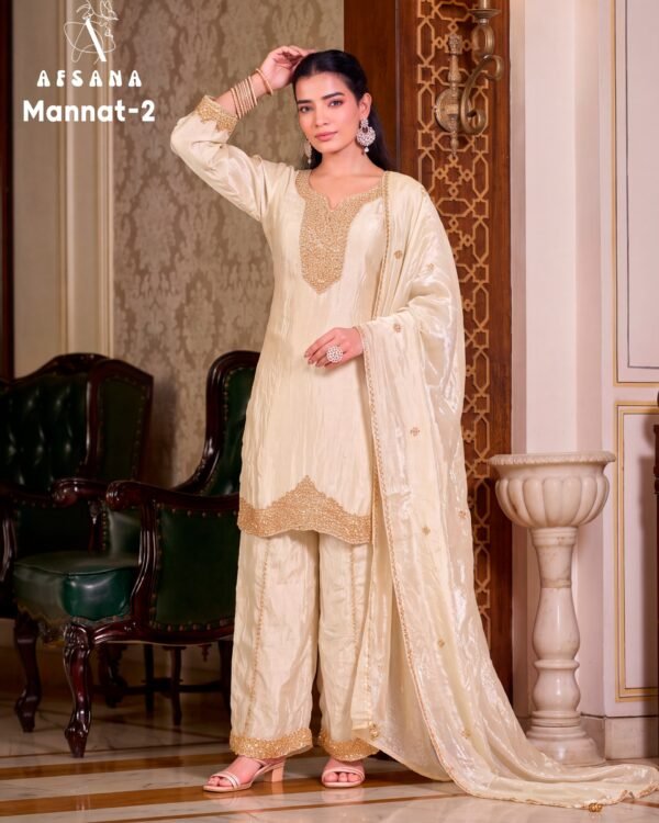 White & Gold Embellished 3-Piece Palazzo Suit – DES-MANNAT 2