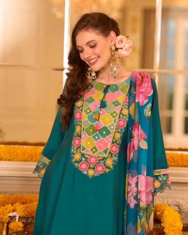 Teal Green Multicolour Embroidered Kali-Style 3-Piece Suit - DES-1321