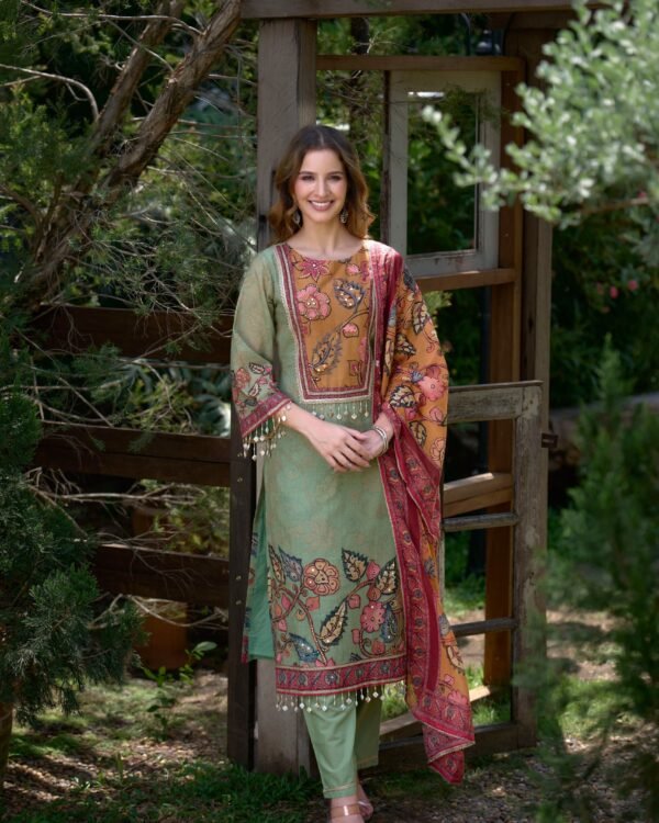 Sage Green Floral Printed Mul Chanderi 3-Piece Suit - DES-1409