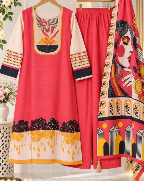Red Artistic Printed 3-Piece Muslin Suit – DES-EMIRA 21