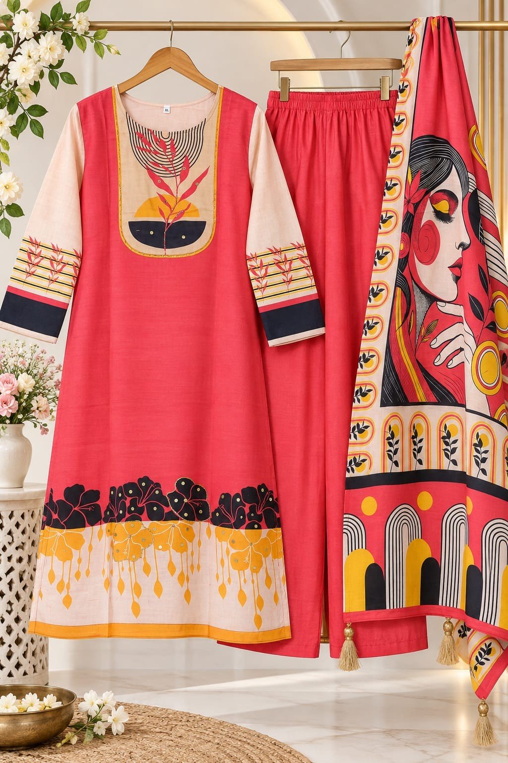 Red Artistic Printed 3-Piece Muslin Suit – DES-EMIRA 21