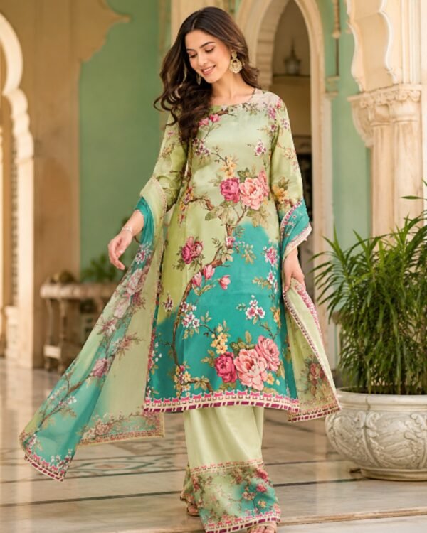 Light Green & Turquoise Floral Printed 3-Piece Salwar Suit - DES-KL 1335