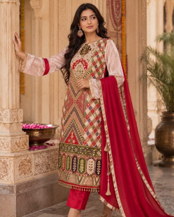 Red & Cream Aari Work Printed 3-Piece Suit – DES-AARIDI 3