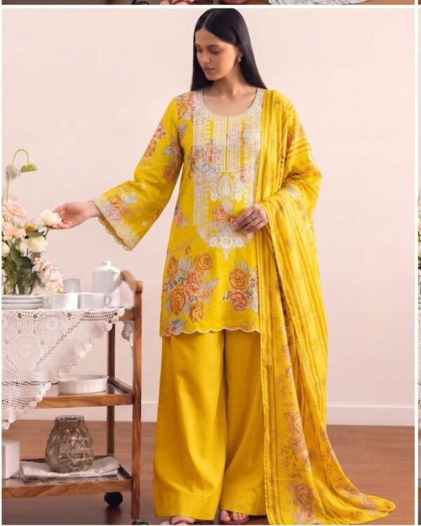 Designer Classic Lawn Embroidered Tunic with Farsi Salwar DES-MEERA YELLOW WHITE