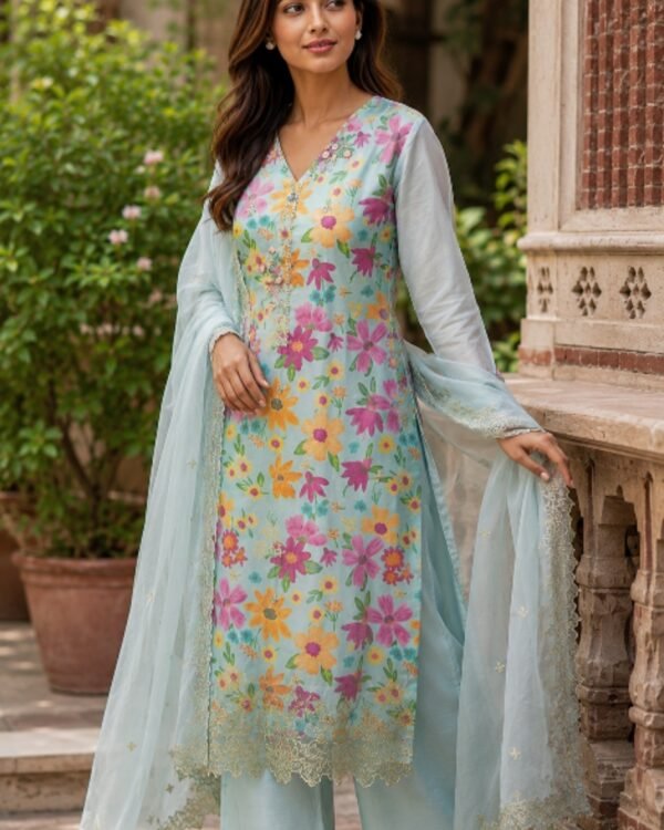 Cotton Pastel Floral Pure Muslin Printed, 3-Piece Suit