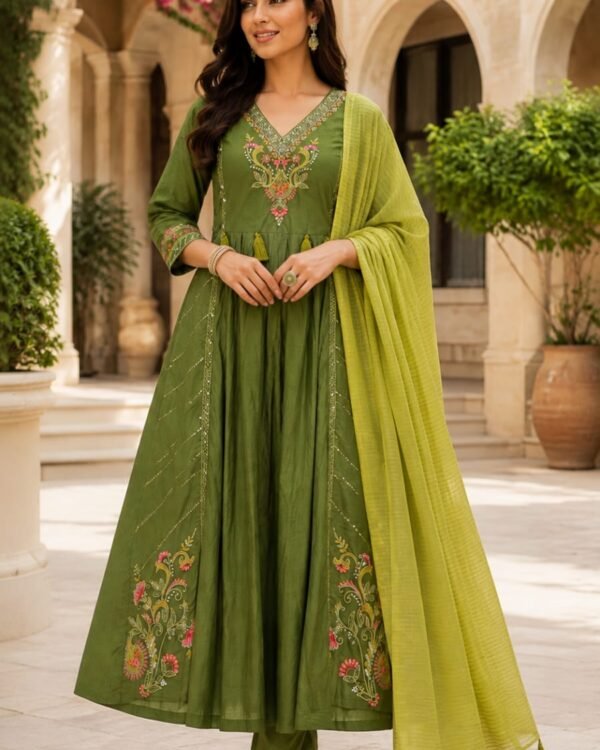 Olive Green Embroidered Anarkali 3-Piece Suit