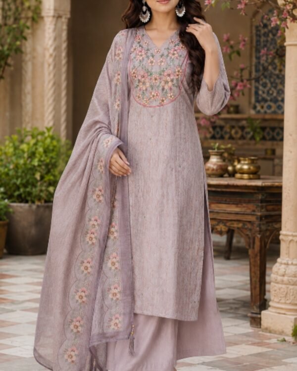Lavender Floral Embroidered Butter Silk 3-Piece Suit