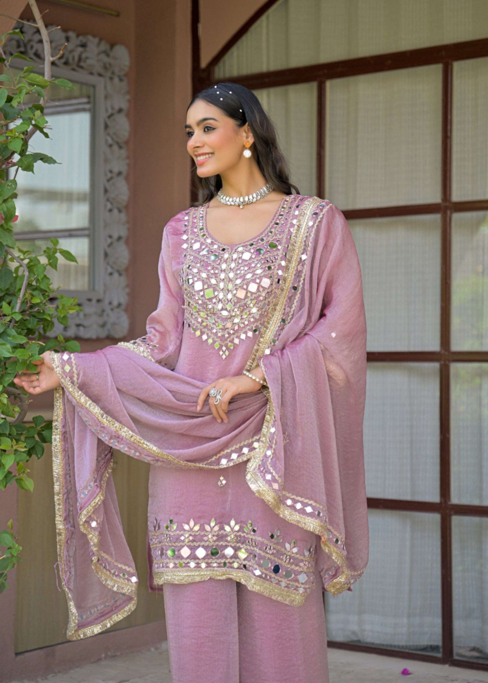 Mishwa Pink Mirror Work Embroidered 3-Piece Palazzo Suit - DES-MISHWA PINK - Image 2
