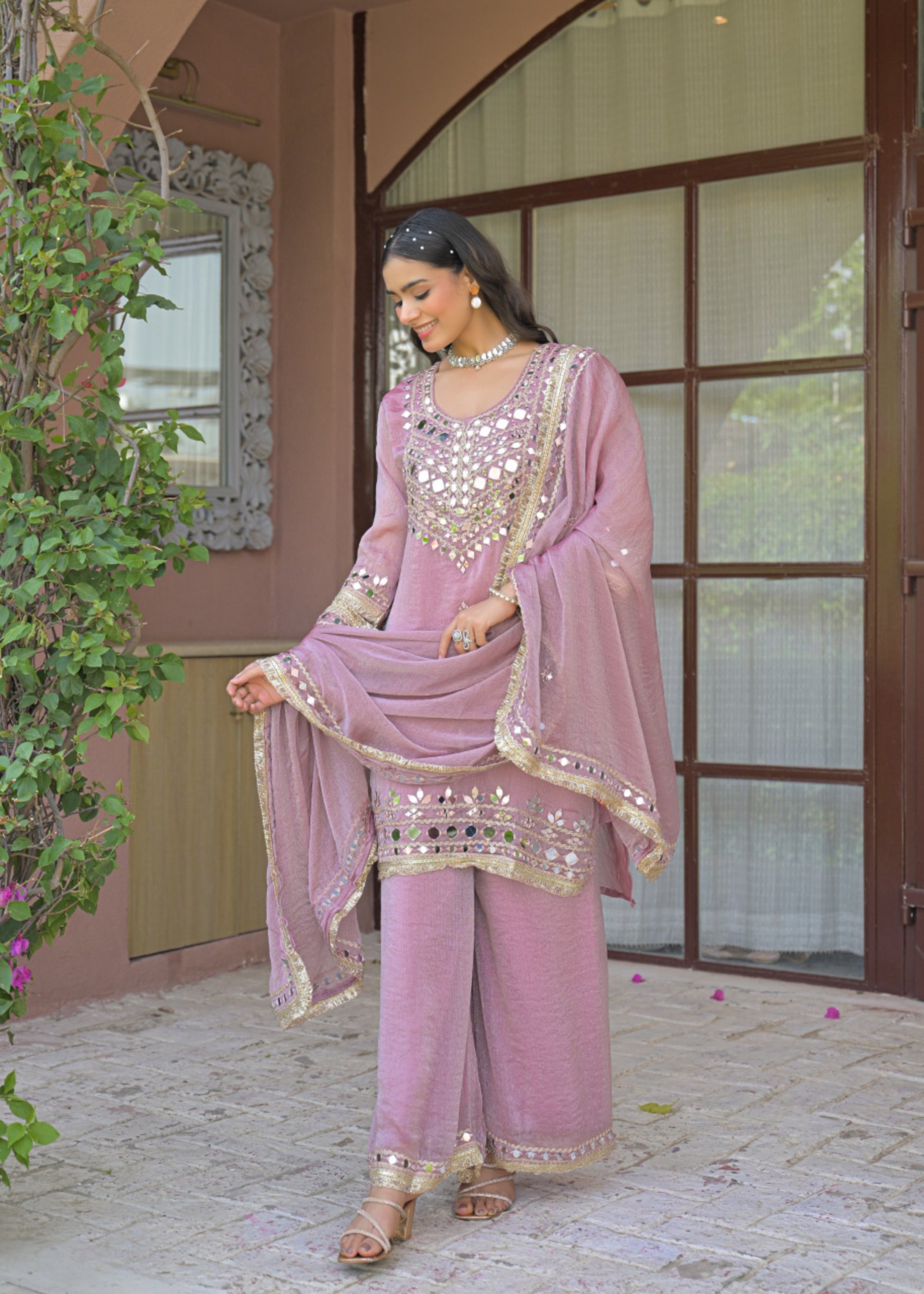 Mishwa Pink Mirror Work Embroidered 3-Piece Palazzo Suit - DES-MISHWA PINK - Image 3
