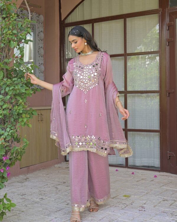 Mishwa Pink Mirror Work Embroidered 3-Piece Palazzo Suit - DES-MISHWA PINK