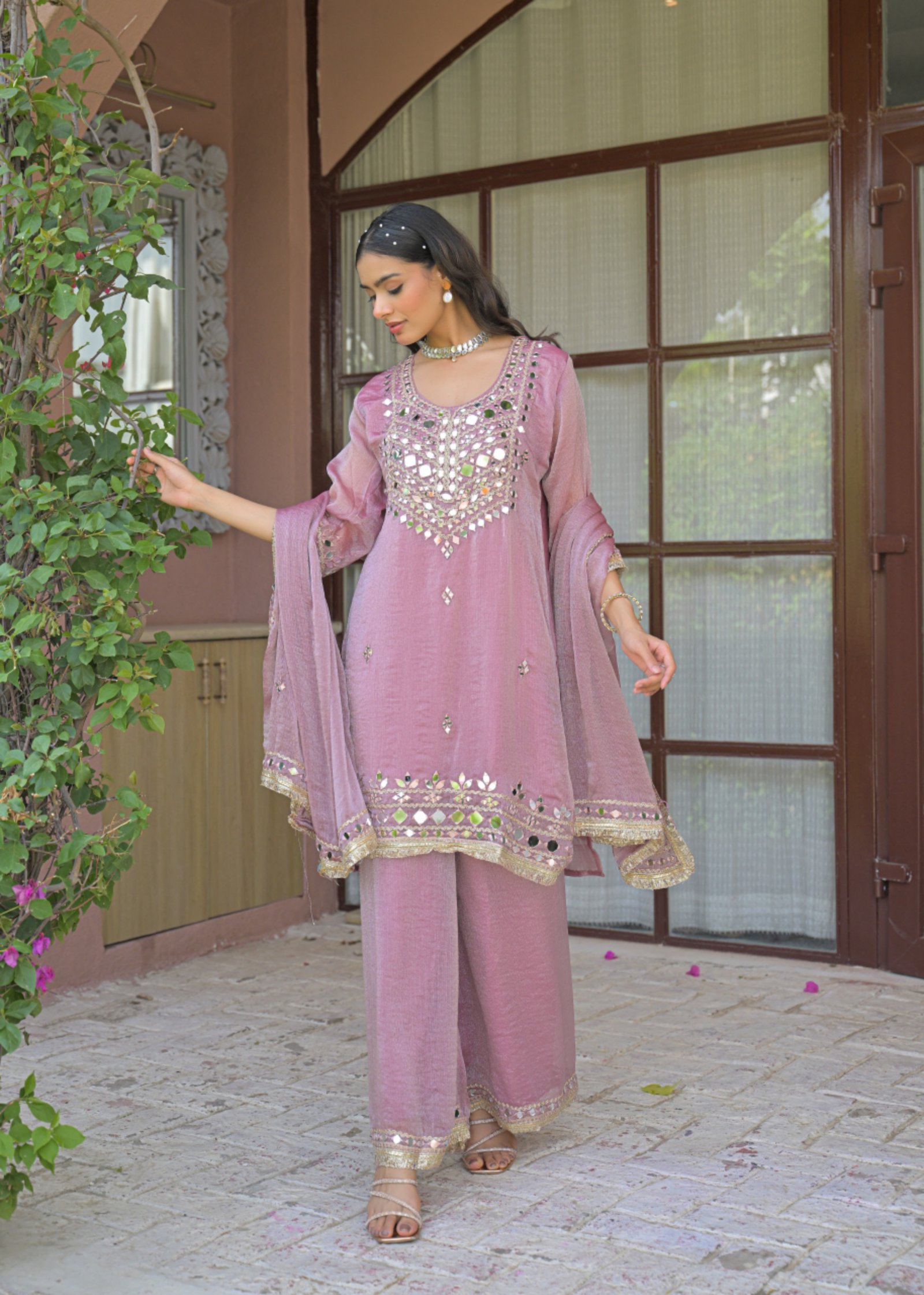 Mishwa Pink Mirror Work Embroidered 3-Piece Palazzo Suit - DES-MISHWA PINK