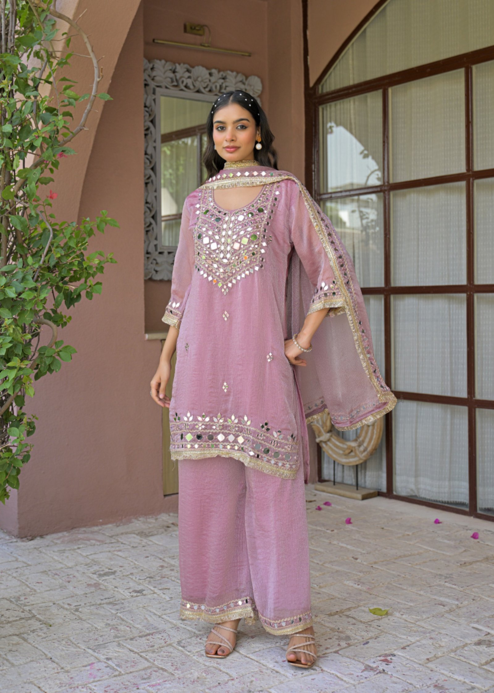 Mishwa Pink Mirror Work Embroidered 3-Piece Palazzo Suit - DES-MISHWA PINK - Image 7