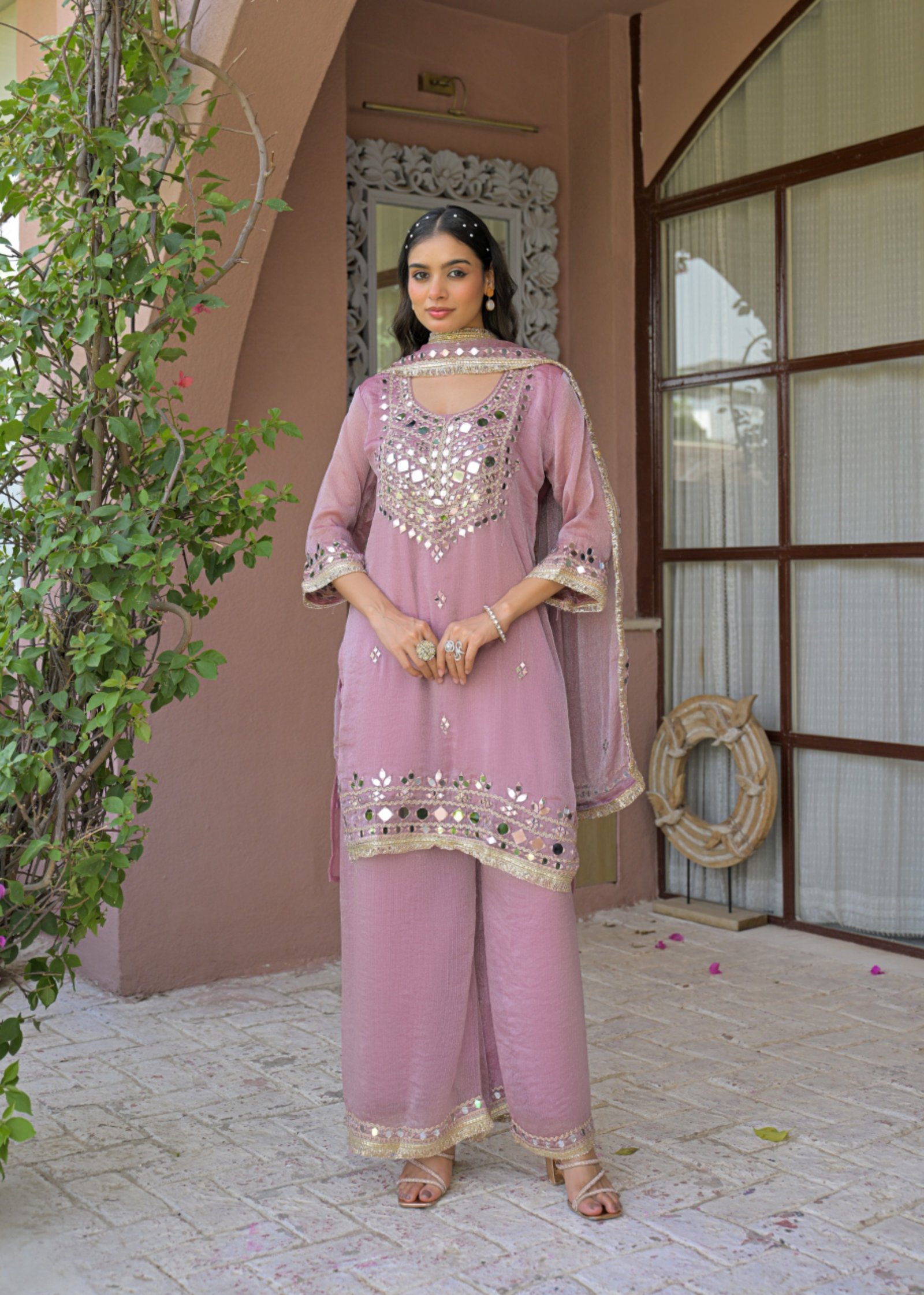 Mishwa Pink Mirror Work Embroidered 3-Piece Palazzo Suit - DES-MISHWA PINK - Image 6