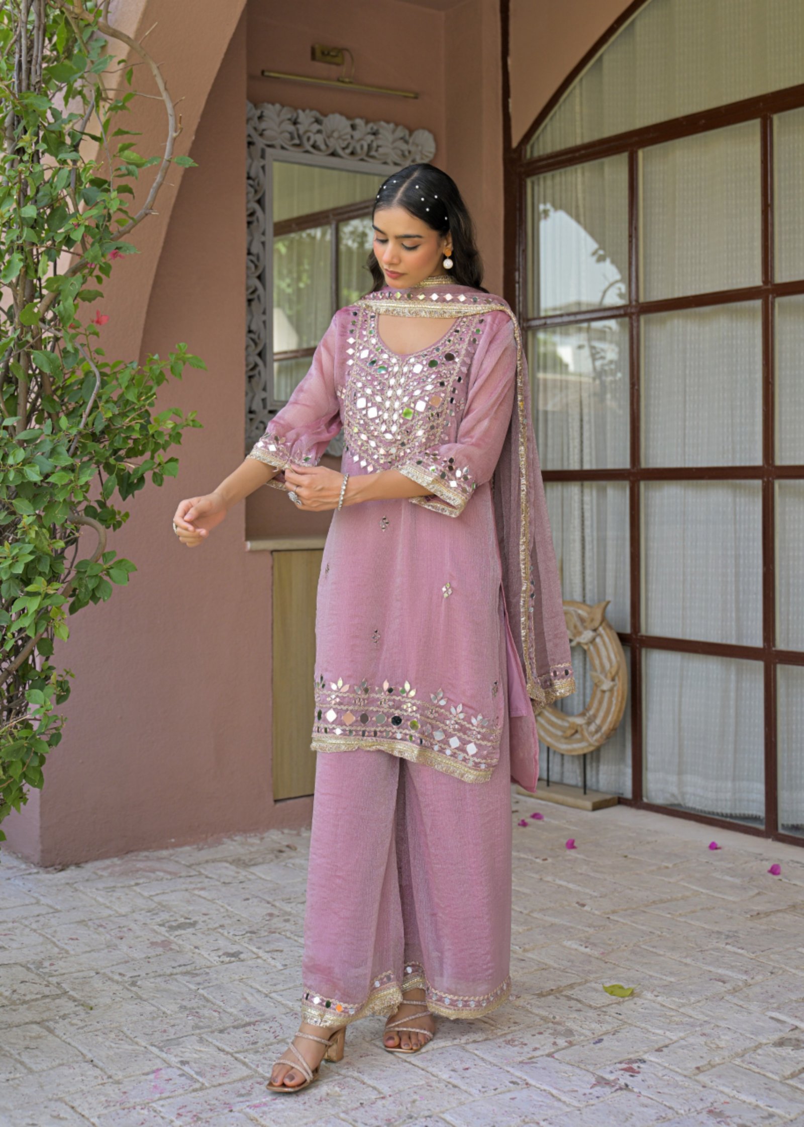 Mishwa Pink Mirror Work Embroidered 3-Piece Palazzo Suit - DES-MISHWA PINK - Image 5