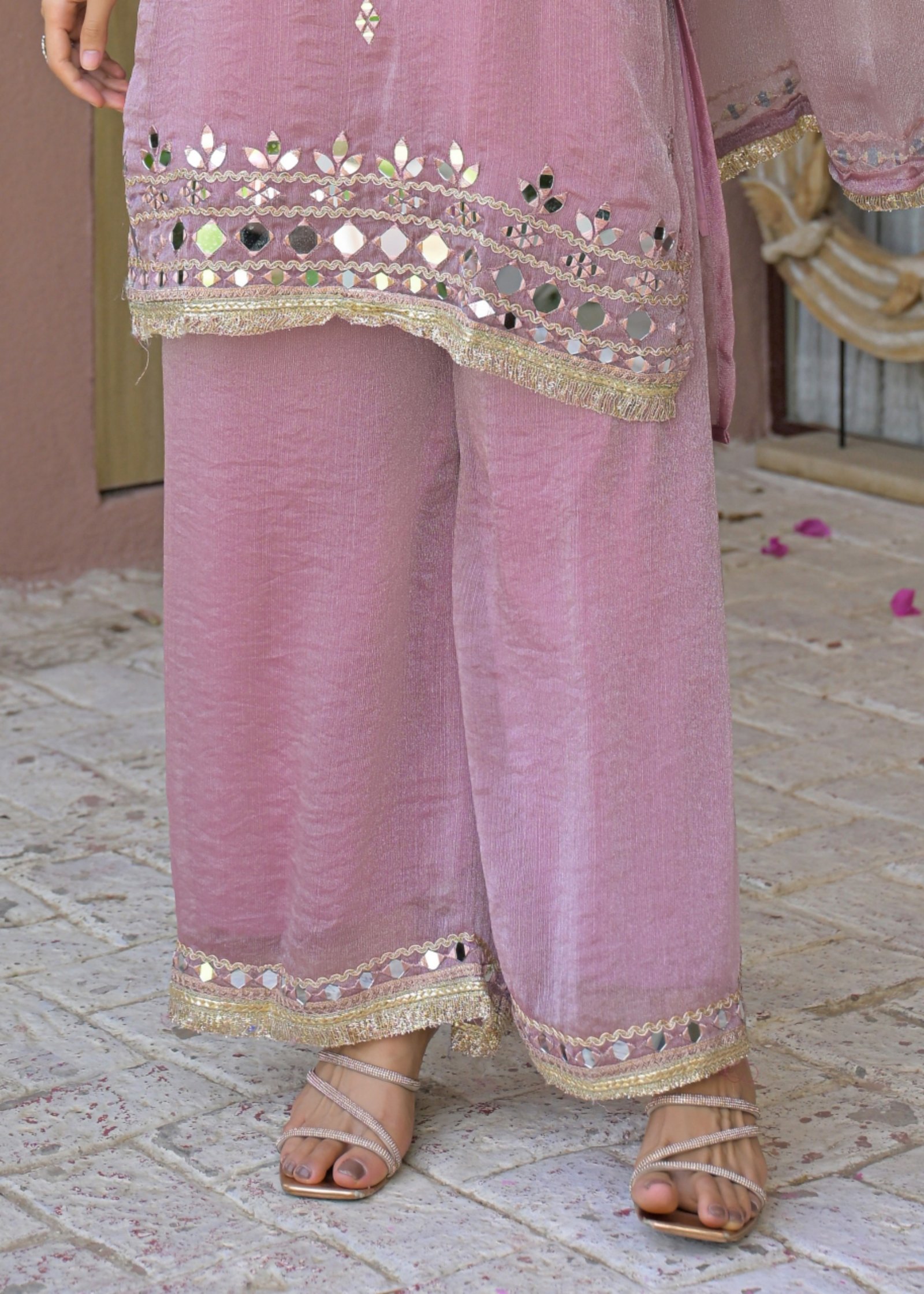 Mishwa Pink Mirror Work Embroidered 3-Piece Palazzo Suit - DES-MISHWA PINK - Image 4
