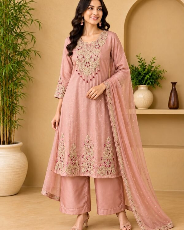 Dusty Pink Embroidered Palazzo Suit Set