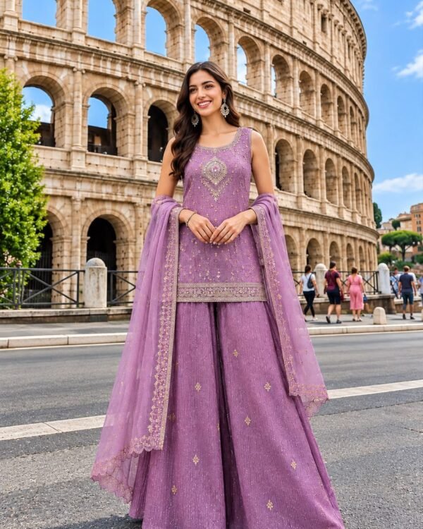 Lavender Embroidered Palazzo Suit Set