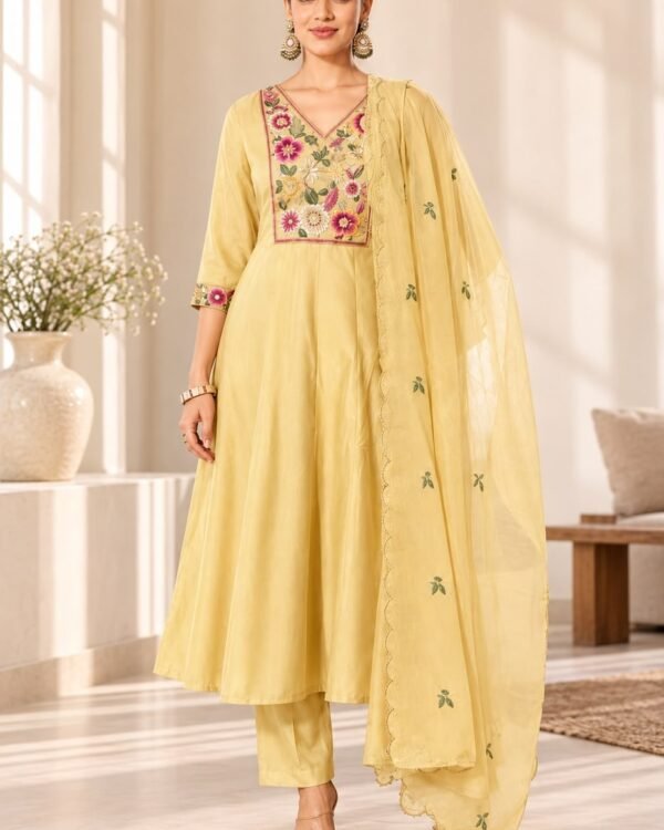 Lemon Yellow Floral Anarkali Suit Set