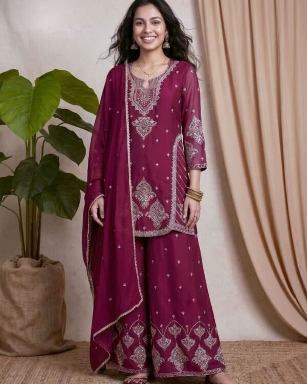 Magenta Embroidered Palazzo Suit Set