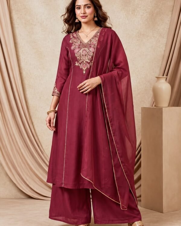 Maroon Embroidered Palazzo Suit Set