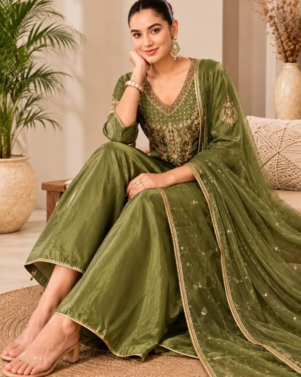 Olive Green Embroidered Palazzo Suit Set