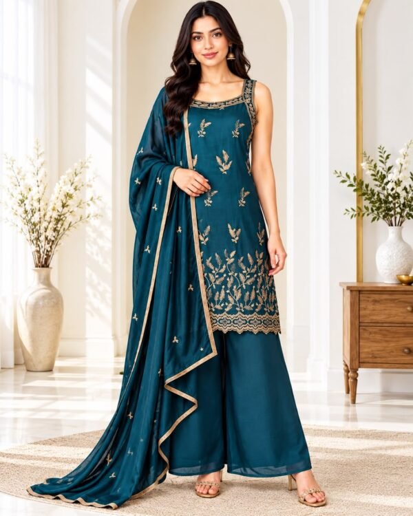 Peacock Blue Sleeveless Embroidered Suit Set