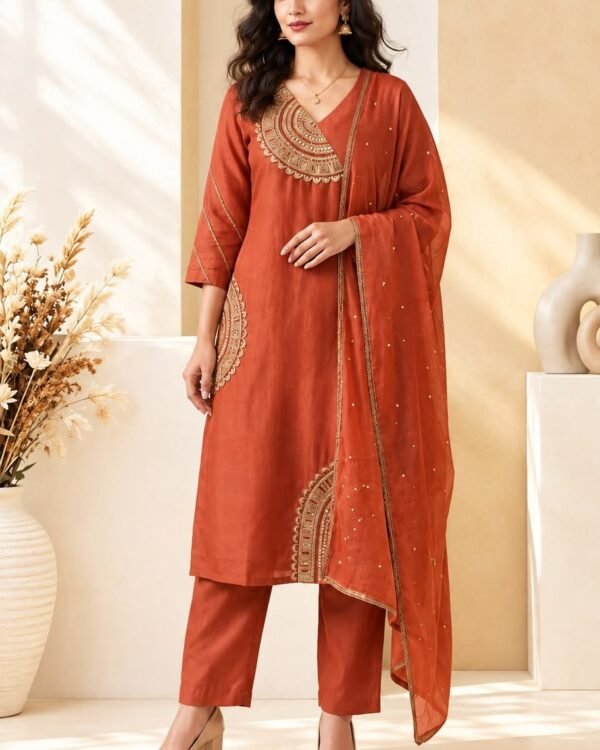 Embroidered Straight Suit Set - Rust