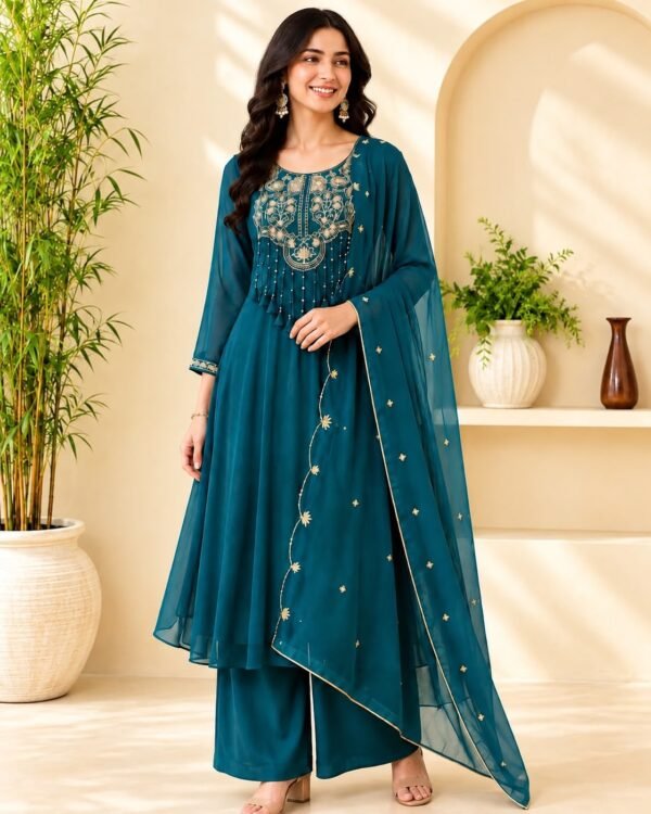 Teal Blue Embroidered Palazzo Suit Set